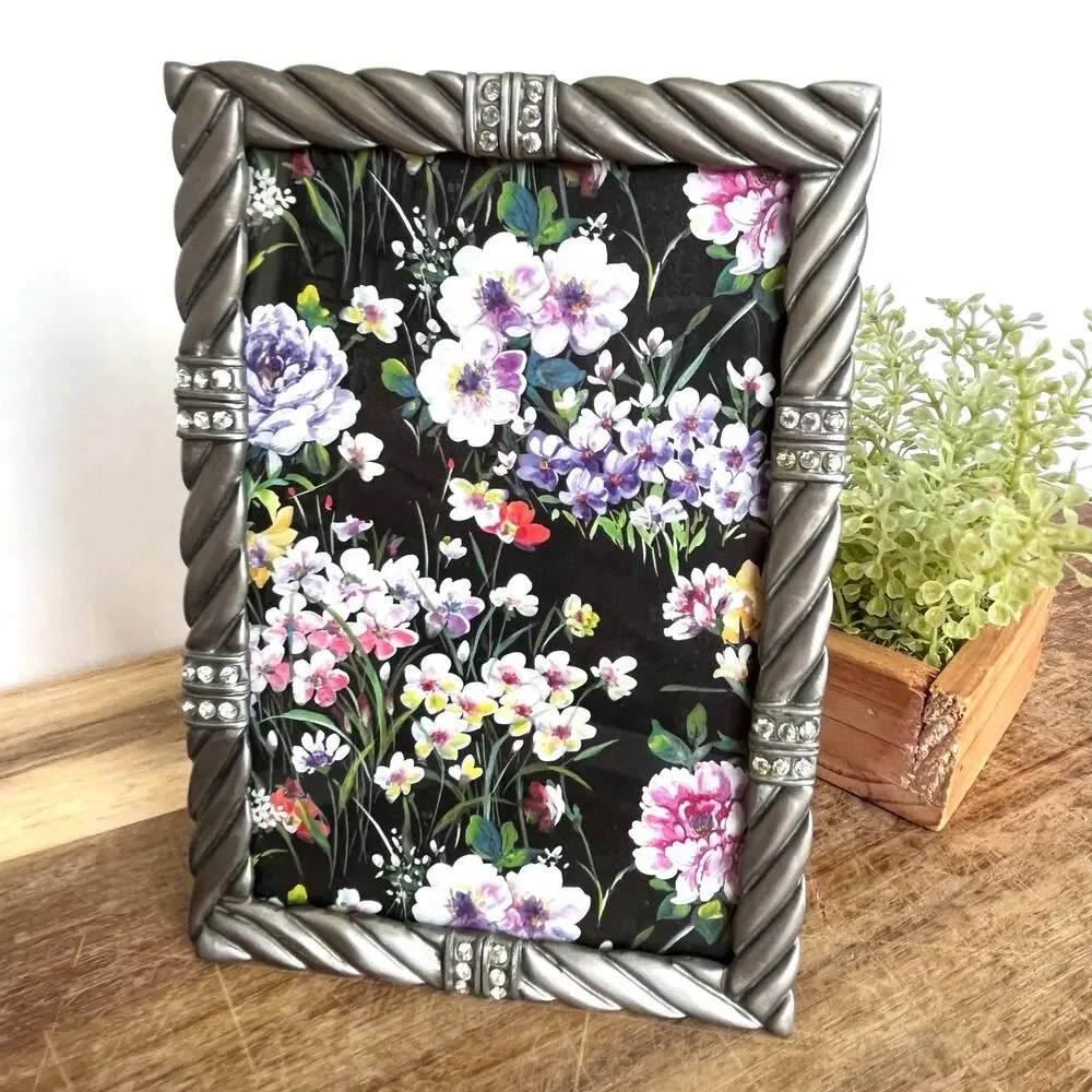 Vintage MCS Pewter Tone Rhinestone Accents Rope Detail Photo Frame Easel 6.5